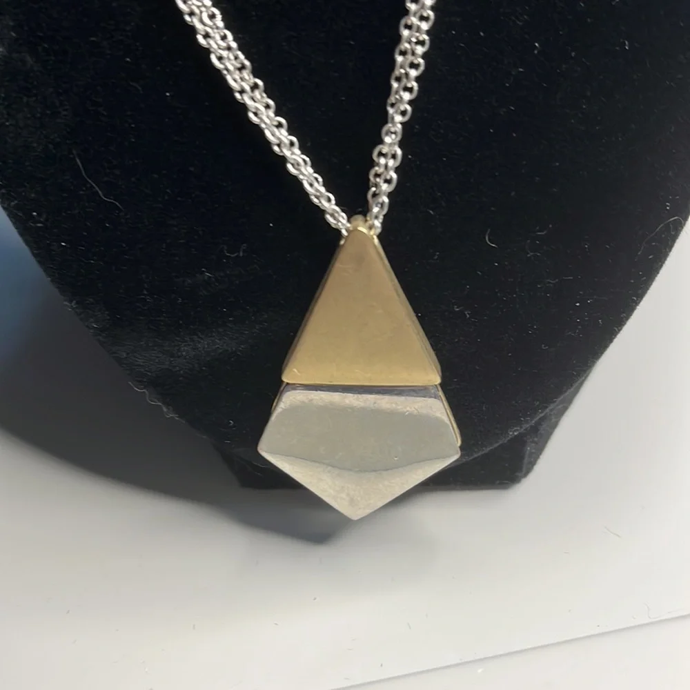 Ann Taylor LOFT two tone geometric diamond drop  pendant necklace - Picture 2 of 4